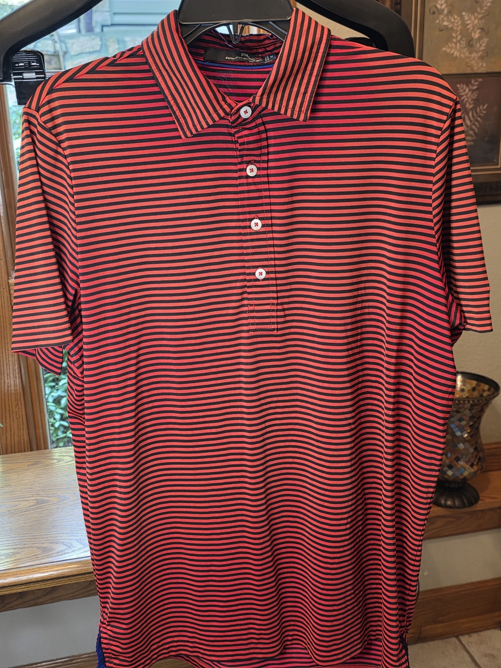 RLX Ralph Lauren Red and Black Thin-Striped Polo w/ Golf Club Logo Sz Med